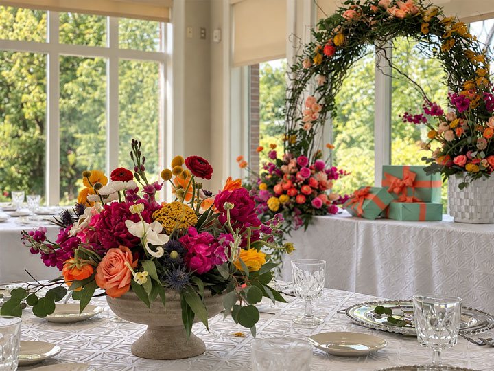 Party centerpiece and floral arch